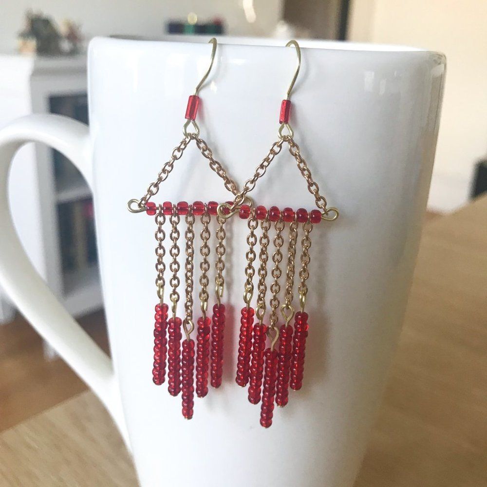 Handmade Red and Gold Chain Chandelier Earrings